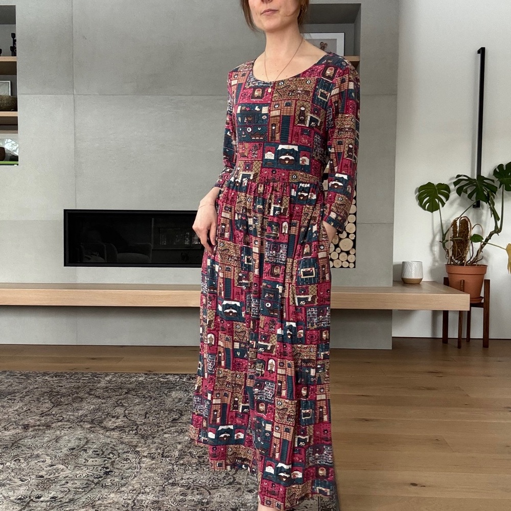 April Cornell Burgundy Patchwork Print Long Sleeve Maxi Dress